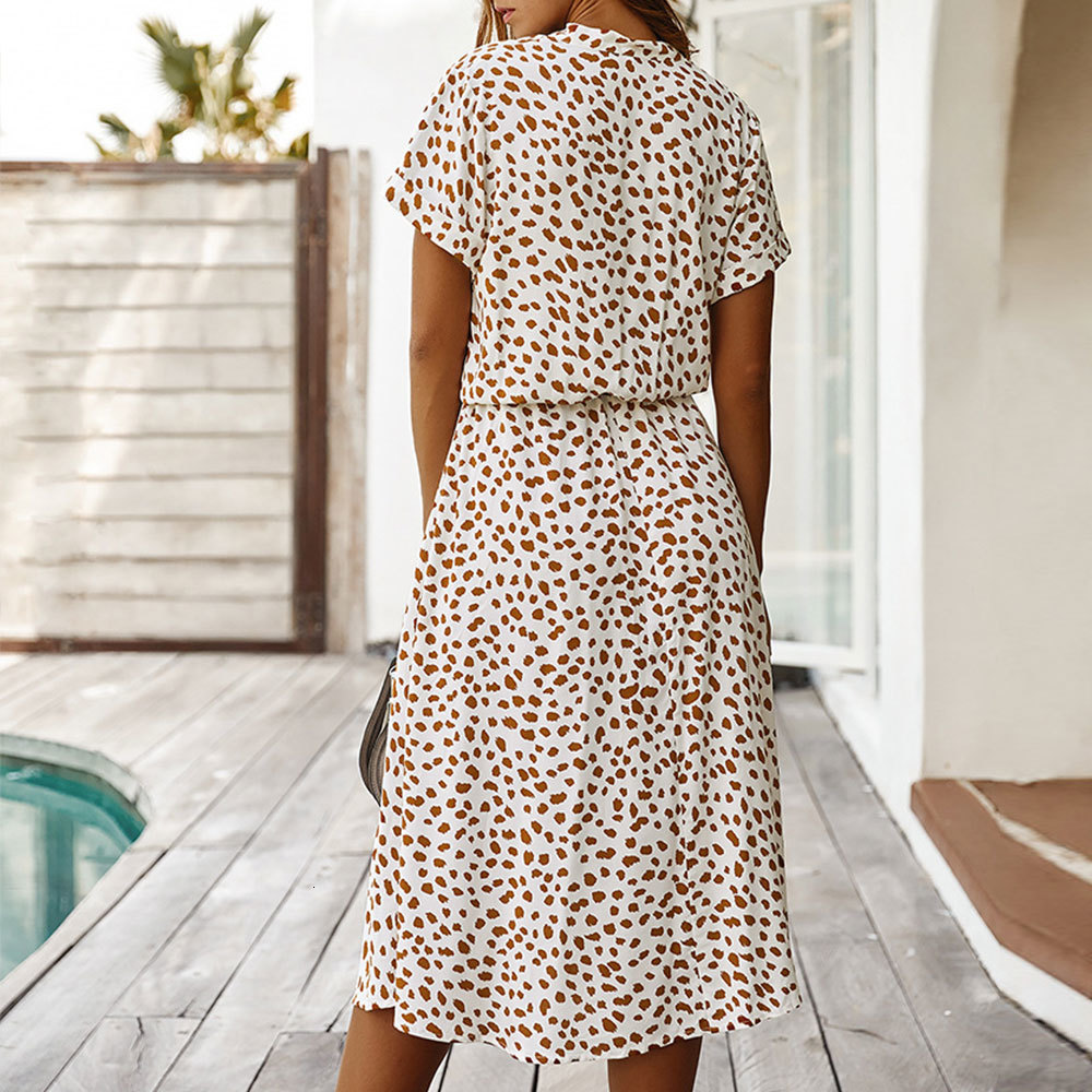 

2021 New Women Elegant Dot Print Chiffon Casual Maxi Long Summer Short Sleeve v Neck Drawstring Waist Party Beach Sun 88eo, Orange
