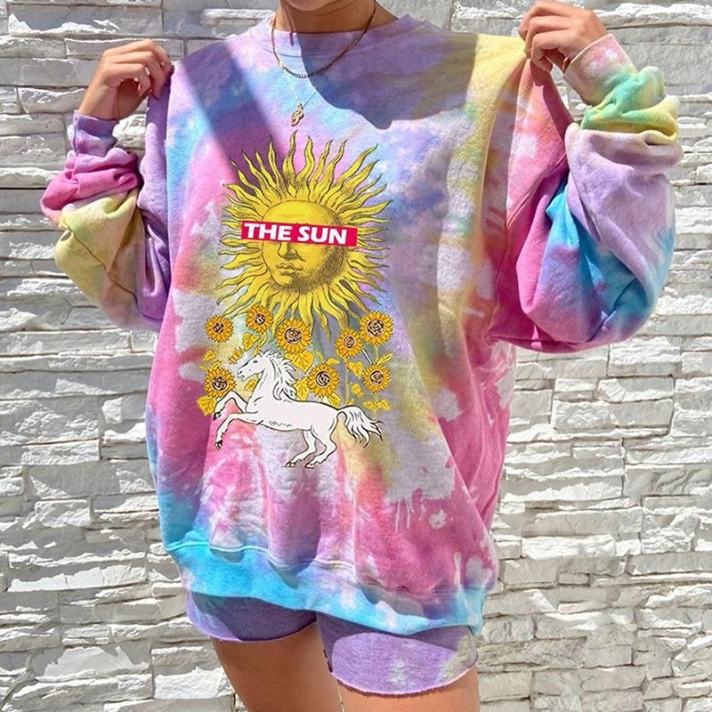 

2021 New Sweet Girls Pink Tie Dye Sun Pattern Hot Fashion Sweatshirt Women Loose Oversized Hoodie Pullovers Autumn Long Sleeve Casual Blh1
