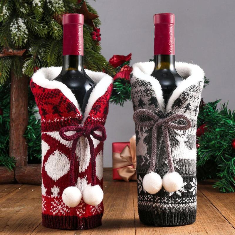 

Christmas Decorations Wine Set Knitted El Restaurant Cover Bottle Supplies Decoration Home Furnishing P5K6