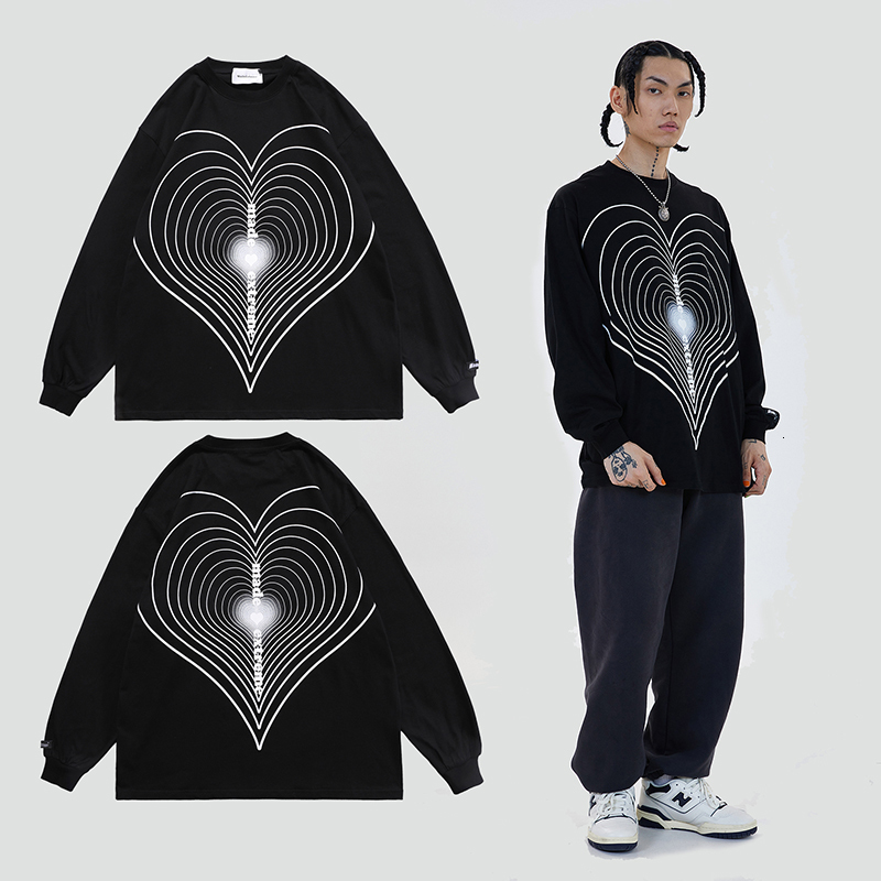 

2021 New Rua 3d Reflexivo Amor Oversize Long-sleeved Camiseta Masculino e Feminino Tripulao Pescoo Casual Primavera Fndi, White