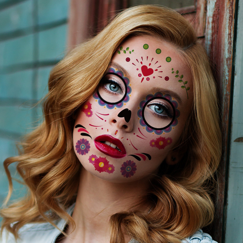 Facial Makeup Temporary Tattoo Sticker Halloween Waterproof Day Of The Dead Skull Face Dress Up Party Funny Tattoos Stickers-image-720998167