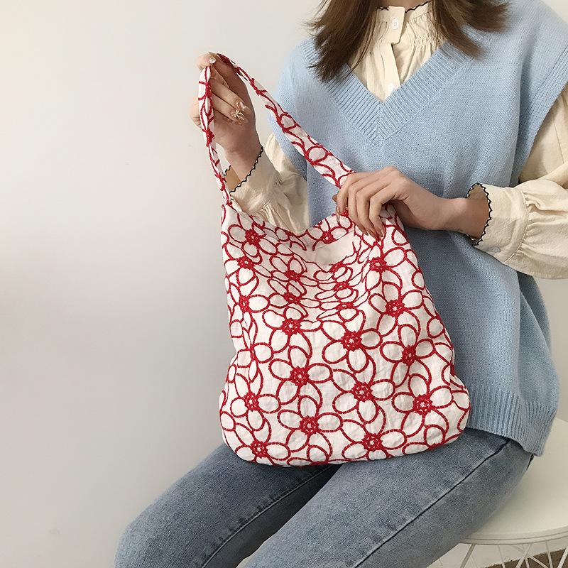 

Retro Flower Women Cotton Shoulder Bags Large Capacity Ladies Shopping Bag Cute Girls Female Daily Purse Handbags Small Tote, Black