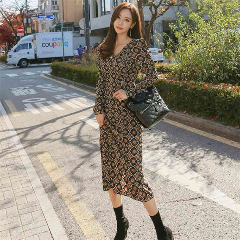 

Vintage elegant print Dress for women Summer Long Sleeve V neck Polyester Korea Ladies Office Party Midi Dresses 210602, Black