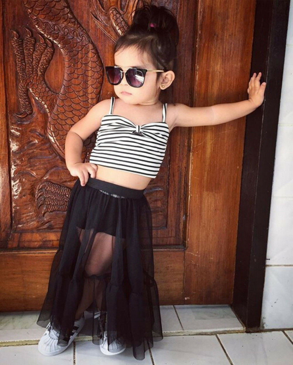 

New 2PCS Set Girl Bownot Stripe Tops+Tulle lace Skirt Kids Outfits Clothes Girls Clothes Set, Black