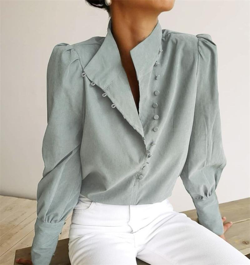 

Women's Blouses & Shirts Europe Spring Womens Tops And Female Casual Single-breasted Solid Puff Sleeve White Office Lady Shirt Clothes