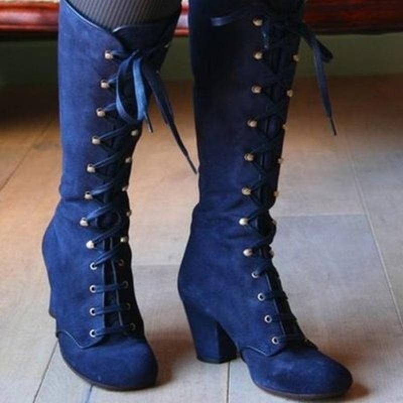 

Boots 2021 Medieval Women's Casual Riding Winter Lace Up Suede Long Tube Knight Boot Female High Heel Cowboy Shoes Mid-Calf Sexy, Black