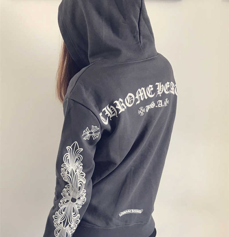 

21s new fashion brand croxin men's and women's Hooded Sweater personalized Sanskrit printed cement grey cardigan coat, Black