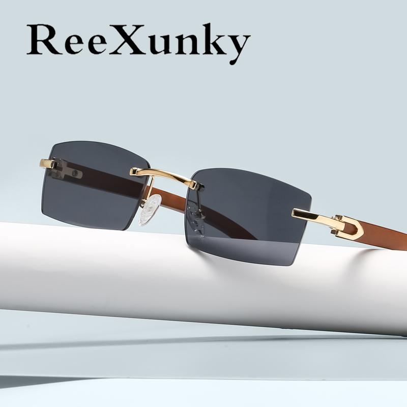 

Sunglasses 2021 Rimless Rectangle Women Vintage Steampunk Men's Unique Wood Grain Design Shades Lunette Femme