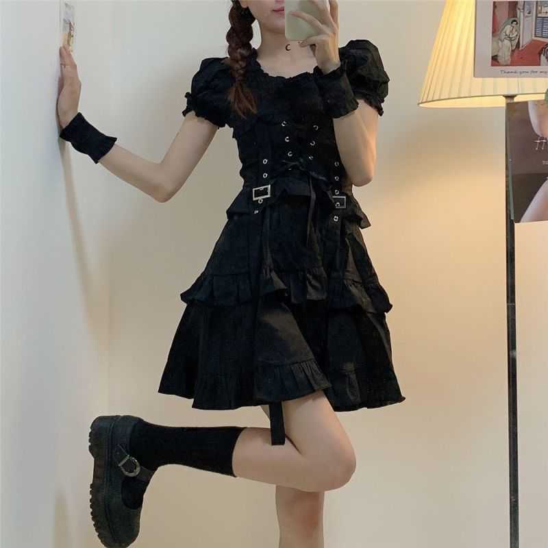 

QWEEK Women's Gothic Lolita Dress Gothic Punk Mall Goth Kawaii Cute Ruffle Bandage Black Mini Dress 2021 Emo Clothes Summer Y0603