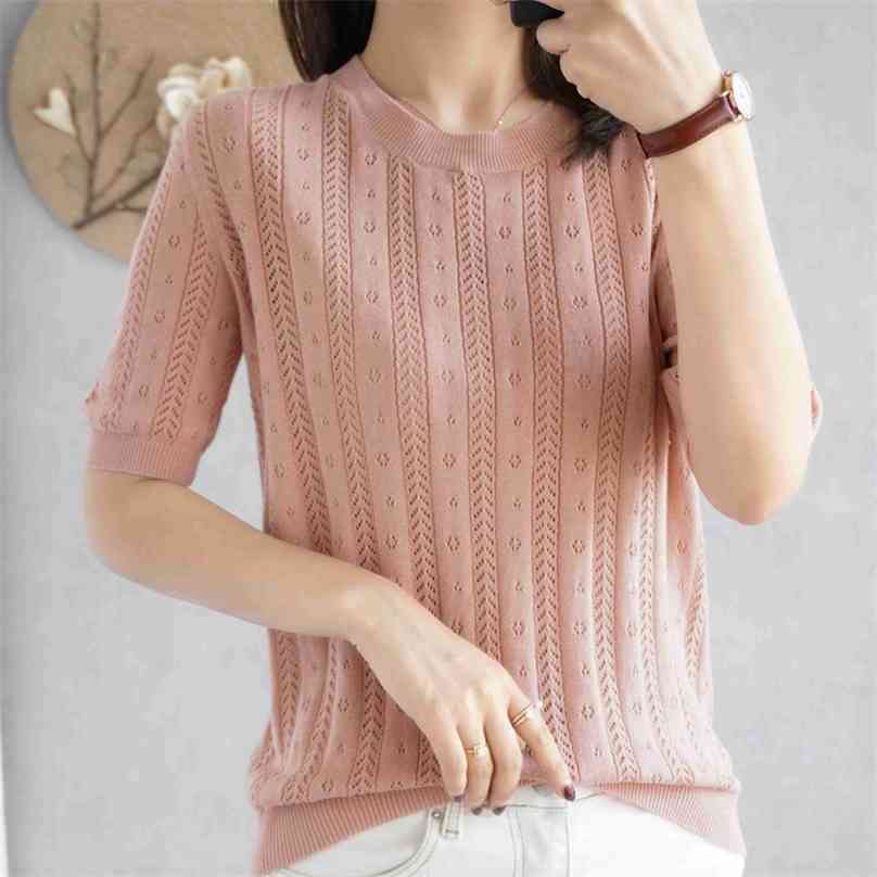 

100% cotton short-sleeved women's T-shirt short section loose hollow knitted sweater summer O-neck pullover 210720, Light purple