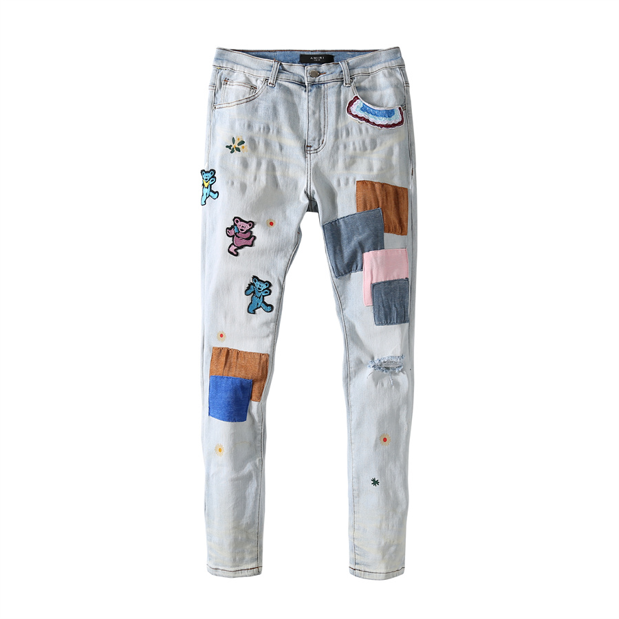 

Mens Jeans Personalize Embroidery High Street Style Wash Water Distressed Pants Straight Slim-cut Elastic Mid-waist Trousers, Light blue