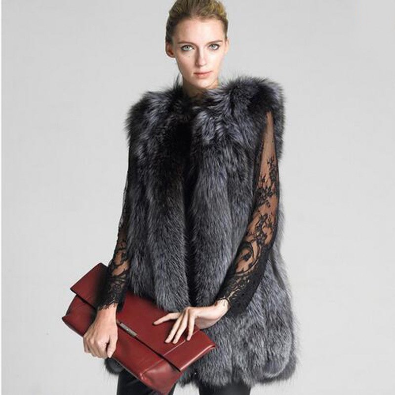 

2021 new women hooded silver fox fur color long imitation fur coat straight stitching outerwear vest T1ww#, White