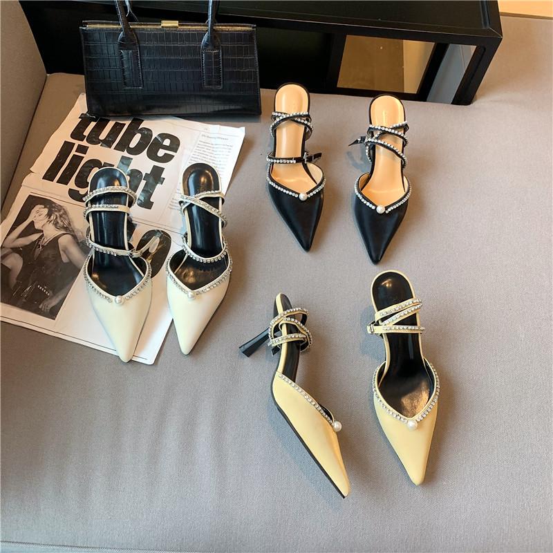 

Fashion Women Sandals Pointed Toe Ladies Rhinestone Band Yellow/White High Heels Cross Strap Lace Up Wedding Dress Shoes Woman, Black