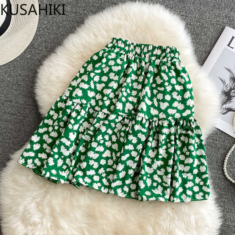 

KUSAHIKI Women Floral Mini Skirt Causal High Waist Patchwork A-line Skirts Summer Korean Sweet Faldas De Mujer 6J712 210602, Black