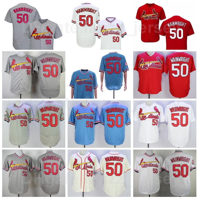 

Men Retro 50 Adam Wainwright Vintage Baseball Jersey 1978 1982 1985 Retire Pullover Red White Blue Beige Grey Team Color All Stitched Flexbase Cool Base Sale