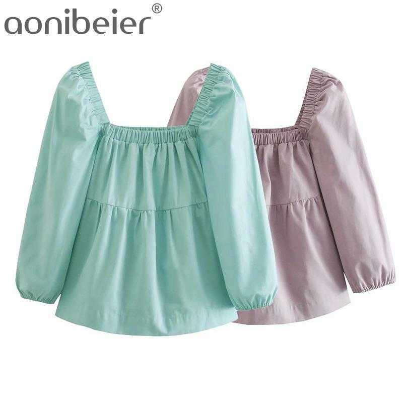 

Summer Fashion Square Collar Loose Tops 3/4 Puff Sleeves Ruched Detail Women Casual T-Shirt Female Tees Pullovers 210604, Light purple