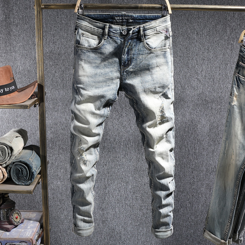 

2021 New Italian Style Fashion Men Jeans Retro Elastic Slim Fit Ripped Denim Pants High Quality Vintage Designer Cotton Long Trousers 4tgu, Retro blue