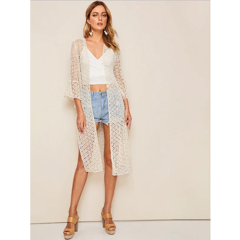 

New Summer Lace Hollow Crochet Beach Bikini Cover Up Split 3/4 Sleeve Women Tops Swimwear Beach Dress White Tunic Shirt