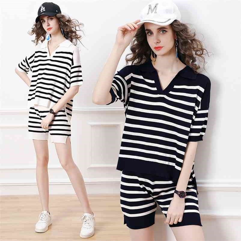

High, thin, age-reducing suit summer style striped breathable small V-neck sweater + knitted shorts two-piece 210525, Black