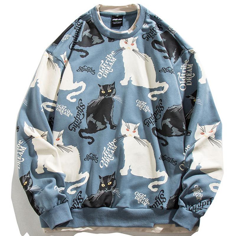 

Men's Hoodies & Sweatshirts Men Anime Cat Print Sweatshirt Japanese Couple Cotton Loose Casual Sports Hedging Round Neck Patchwork Sweater S, Blue