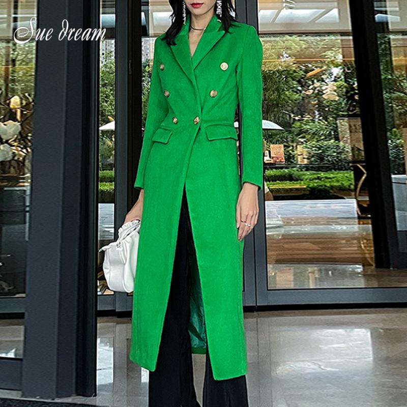 

Women's Jackets 2021 Autumn And Winter Green Casual Straight Temperament Coat Women Lapel Long Sleeve Fashion Woolen