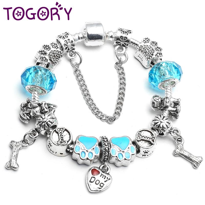 

Charm Bracelets TOGORY Lovely Dog Bones Pendent Charms For Women With Nice Blue Glass Beads Brand Bracelet Kids Fashion Jewelry Gift