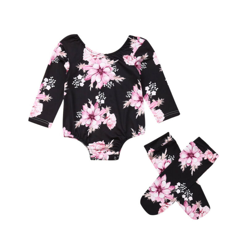 

Baby Girl Flower Romper Toddler Jumpsuit+Leg Warmers Outfits Newborn Clothes Girls Flower Long Sleeves Romper Kids Socks, Black