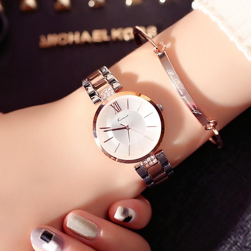 

Wristwatches KIMIO Thin Clock Women Fashion Simple Watches Rhinestones Dress Watch Rose Gold Quartz Ladies Wristwatch Relogio Feminino, Silver