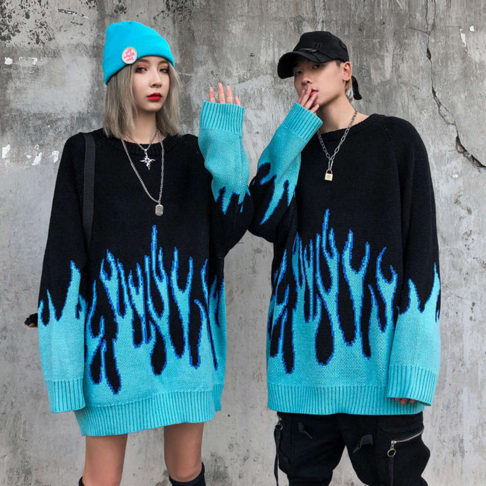 

2020 printed flame sweater hip hop couple loose size T-shirt, White;black