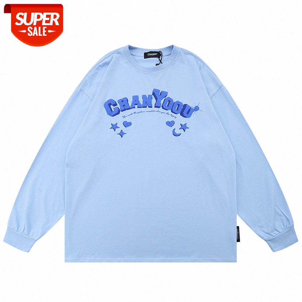 

Street letter printing long-sleeved t-shirt men's romantic loose round neck bottoming top #bF9L, White;black