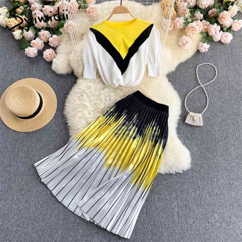 

2 Piece Skirts Sets Women Summer Korean Short Puff Sleeve O Neck Knitting Shirts and Elastic High Waist Midi Skirt 210607, Yellow