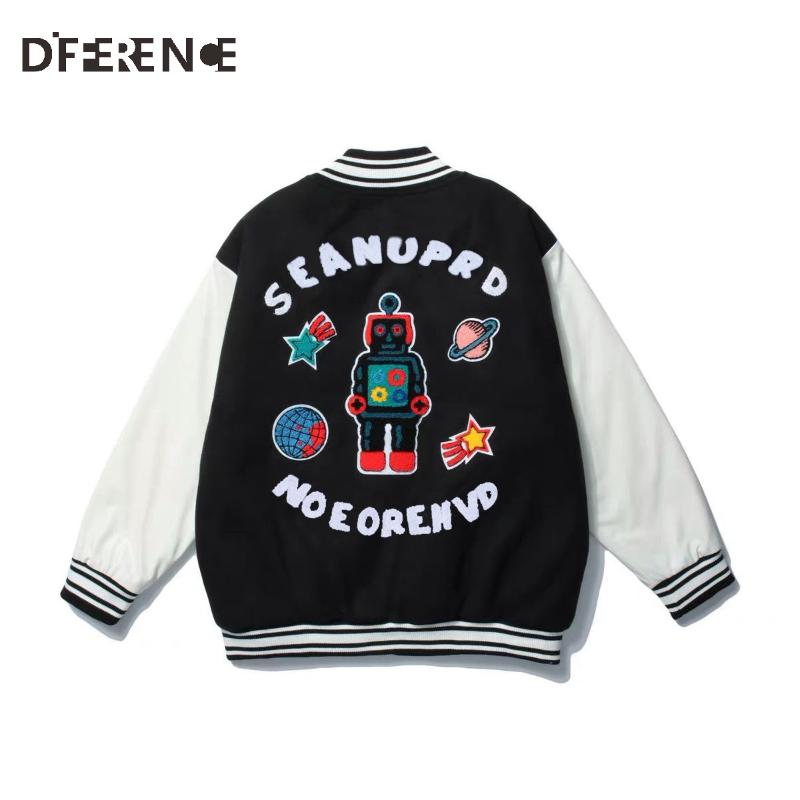 

Men's Jackets Hip Hop Patchwork Baseball Jacket Men Vintage Robot Embroidery Varsity Oversized Harajuku Streetwear Campus Casual Coats, Black;brown