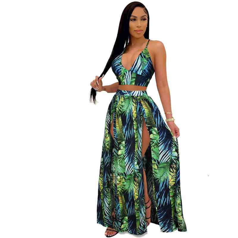 

Sexy Women Two Pieces Set Spaghetti Strap V Neck Crop Top Long Slit Skirt Summer 2 Pieces Set Beach Outfit, Gray