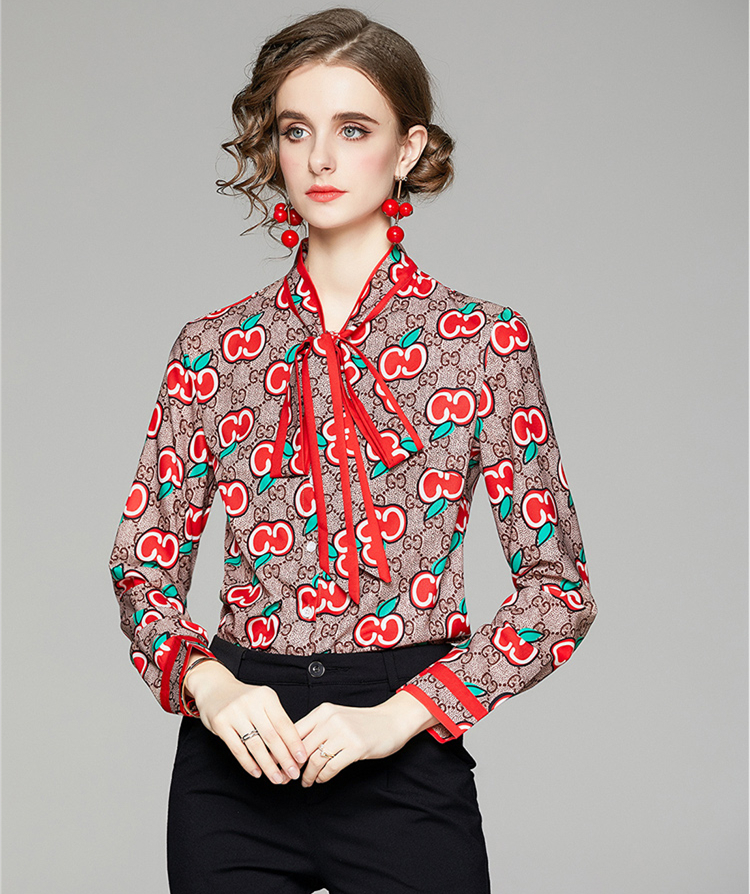

2021 New Designer Printed Ladies Bow Shirts Runway Vintage Women's Button Blouses Long Sleeve Spring Autumn Elegant Shirt Office Casual Tops, White
