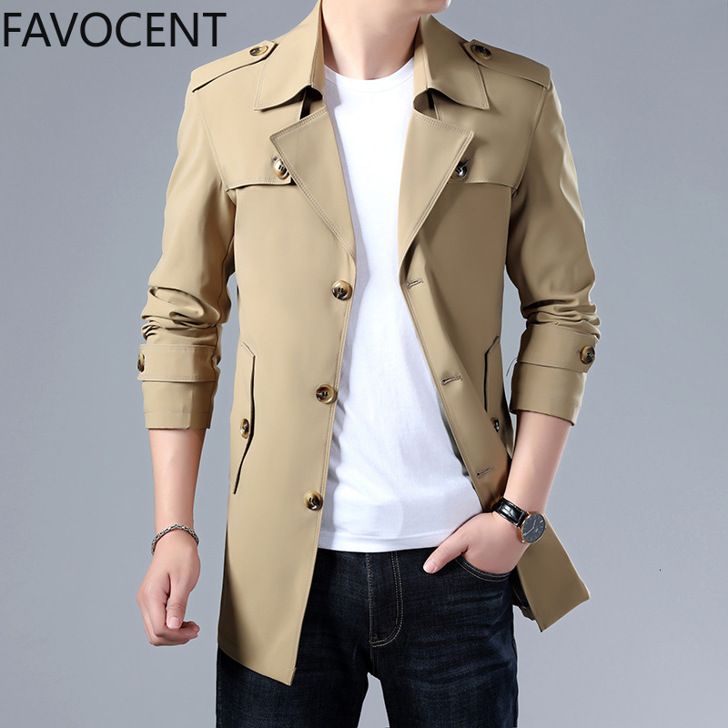 

2021 New Long Fashion Male Solid Color Casual Mens Trench Coat Jacket Spring Autumn Overcoat Military Turn-down Collar Eg6m, Dark blue