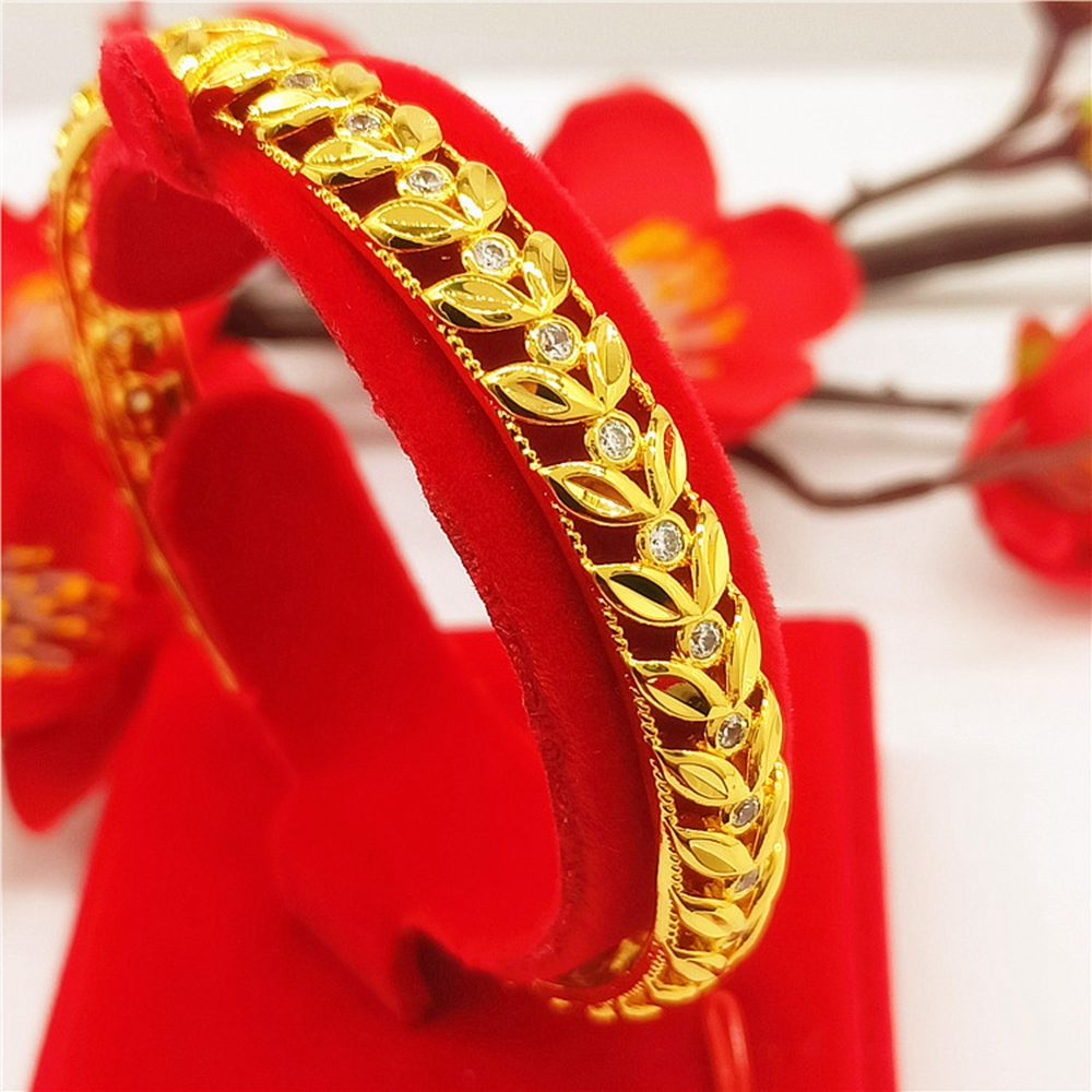 Creative Pop Ancient Style Zirconium Round Hidden Buckle Bracelet Bangle for Women Girl 18K Yellow Gold Filled Fashion Leaf Pattern Pretty Gift-image-755118752