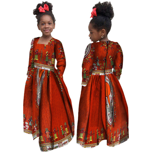 

African Autumn Girl Dress Kids Dashiki Traditional Cotton Long Sleeve Dresses Matching Africa Print Girl Natural Dress WYT61