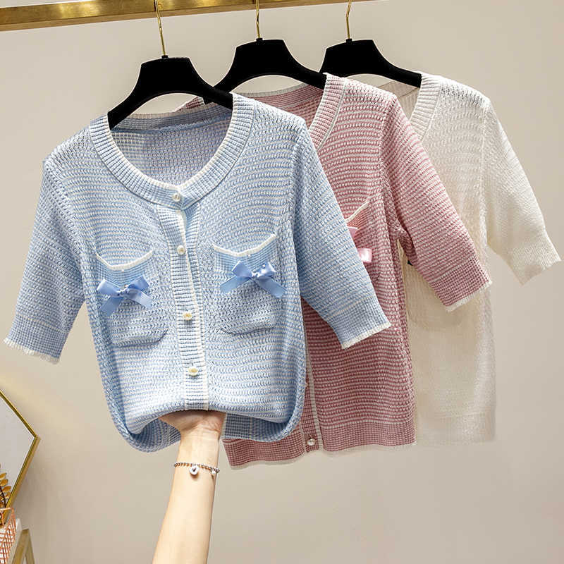 

ummer Women Knitted Cardigan T Shirt Heavy Industry Daimond Button Bowknot Tops Korean Thin Ladies Casual T Shirts 210604, Pink