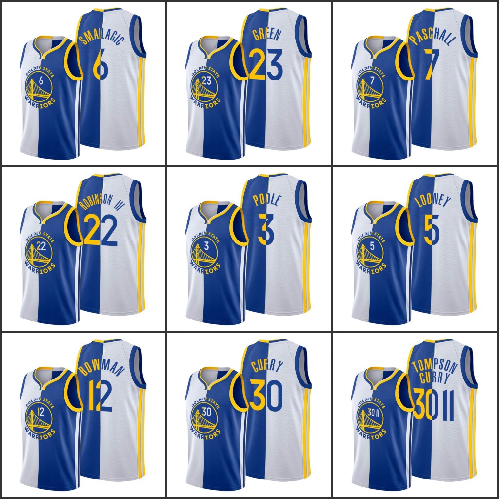 

Men Golden State''Warriors''Stephen Curry Draymond Green Ky Bowman Eric Paschall Custom White Blue Split Two-toned Jersey