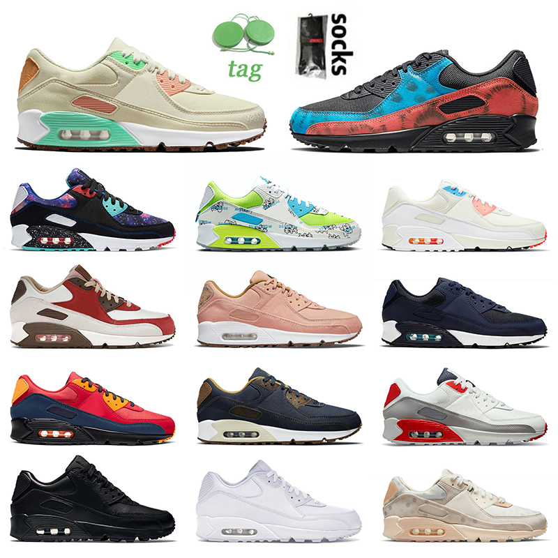

2021 New Fashion Air Max 90 Running Shoes AirMaxs 90s Mens Women Tie-Dye Happy Pineapple Bacon Navy Blue Solar Flare Obsidian Sneakers Train