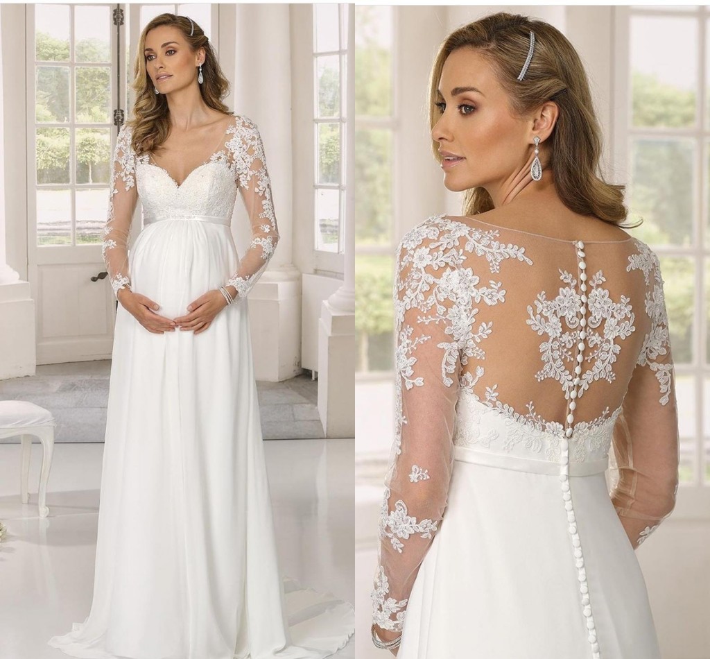 

Plus Size Maternity Wedding Gowns For Pregnant Women 2022 Chiffon A Line Beach Boho Bridal Dresses Illusion Long Sleeve Lace Appliquesed robes de mariée AL7209, White