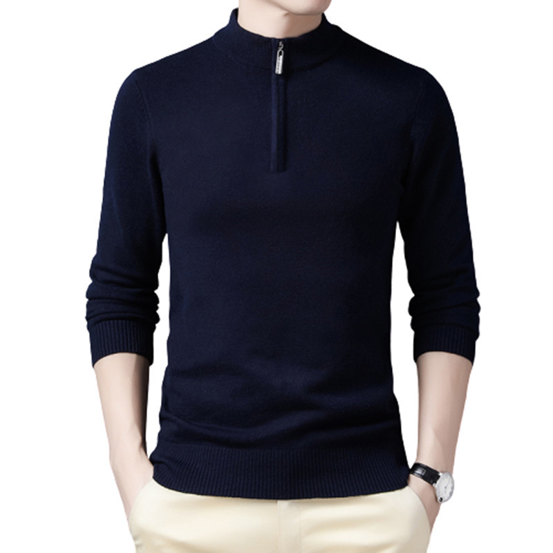 

2021 New Sweaters Fashion Half Zip Slim Fit Jumpers Knitwear Men Winter Warm Casual Brand Sweater Man Pullover U08p, Navy blue