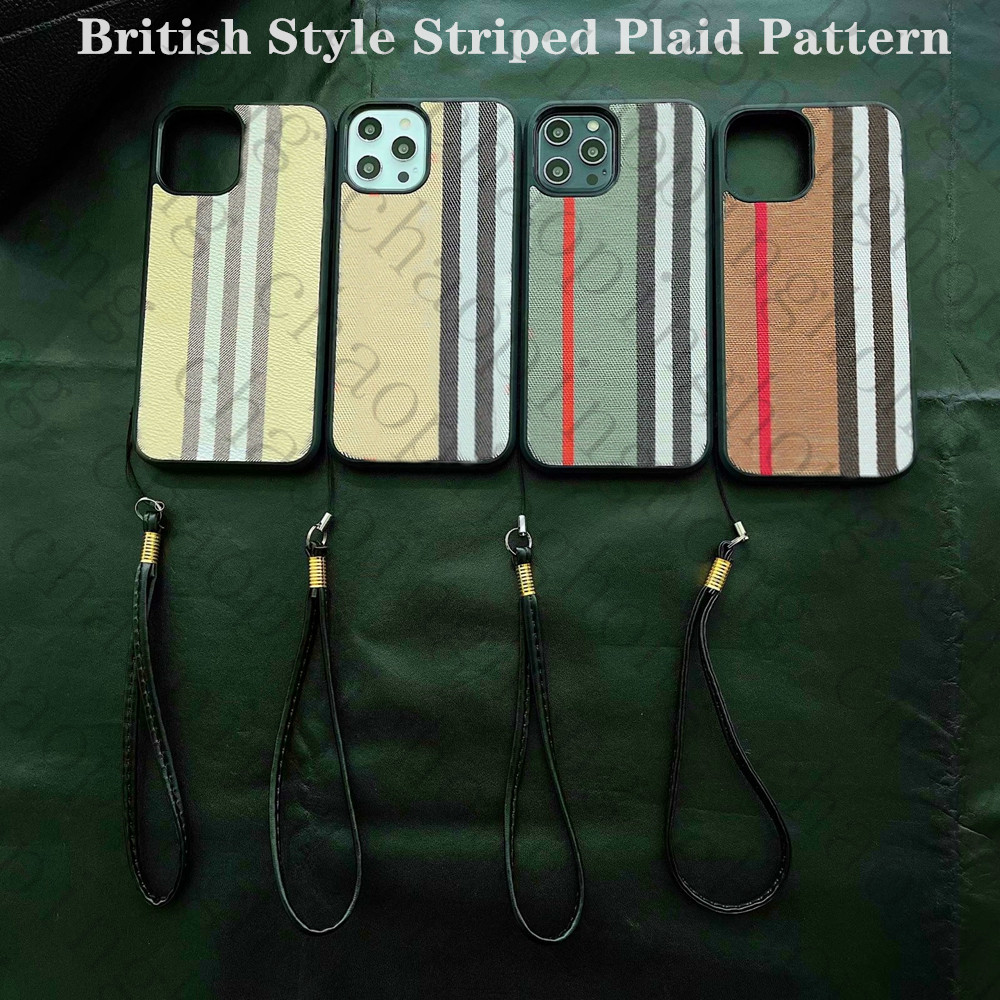 

British Style Fashion Designer Phone Cases With Striped Plaid Pattern For Iphone 13 12Pro 11 XR XS 7/8 plus Cover Wrist Strap, 4+logo b