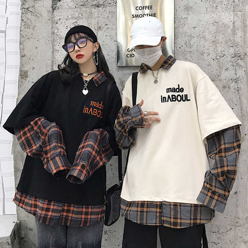 

Autumn ins Harajuku vintage BF stitching fake two-piece plaid sweatshirt women fashion streetwear loose casual 210608, White