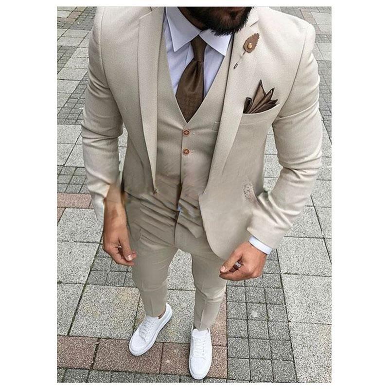 

Men's Suits & Blazers Fashion Design One Button Beige Groom Tuxedos 3 Pieces Groomsmen Mens Wedding Dinner Blazer (Jacket+Pants+Vest), As picture
