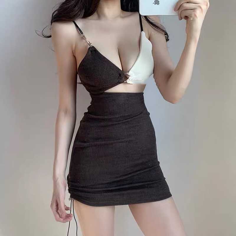 

Nightclub party dress female backless contrast color irregular clothes sexy club mini suspender drawstring 210604, Brown