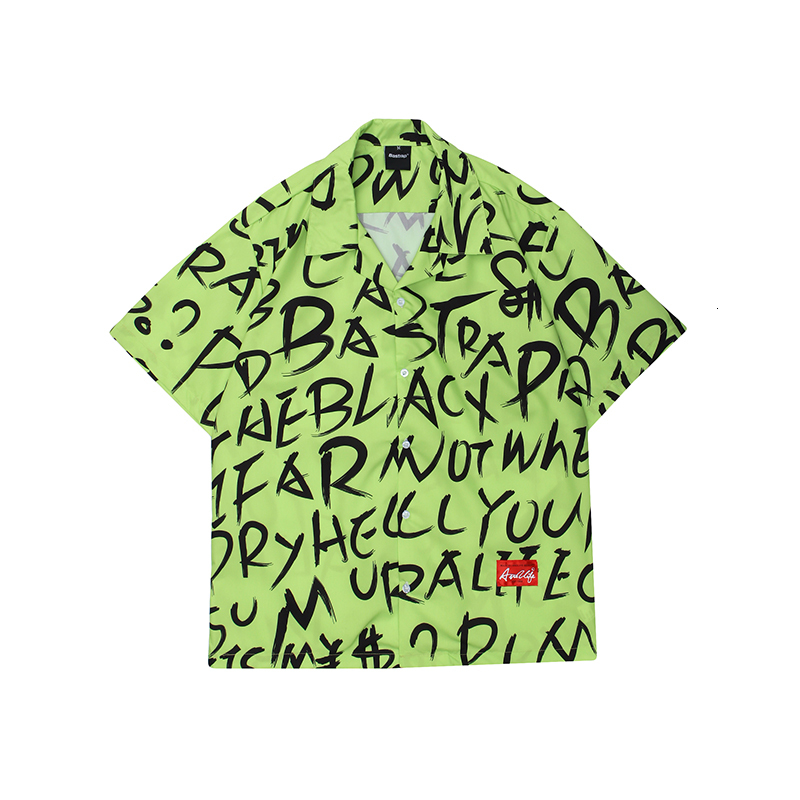 

2021 New Harajuku Full Letter Print Mens Shirts Oversize Graffiti Short Sleeve Summer Shirt Lapel High Street Loose Casual Couple Tops Um87, Green