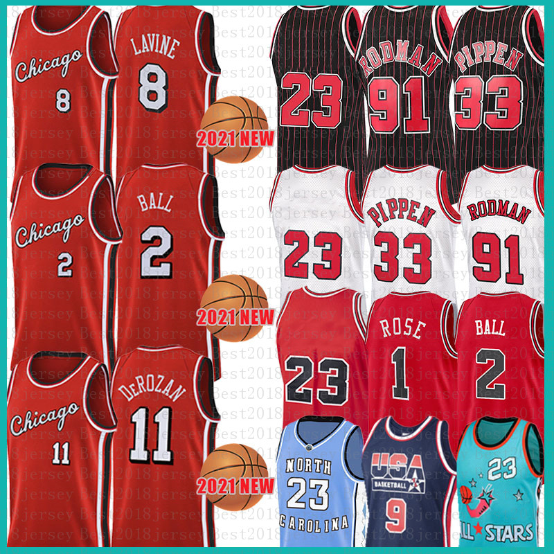 

23 Lonzo 2 Ball Demar 11 DeRozan Basketball Jersey Zach 8 LaVine Derrick 1 Rose Mens Shirts Scottie 33 Pippen Dennis 91 Rodman Michael Chica, Black;red