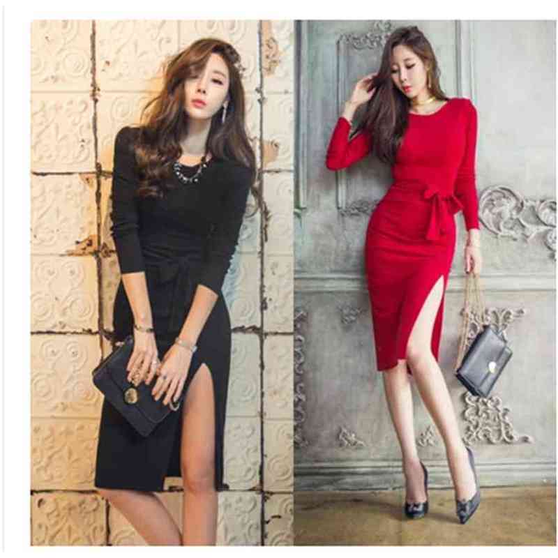 

Office Dress for women korea Red Long Sleeve Crew neck linen Sexy Ladies formal Party Midi Dresses 210602, Black