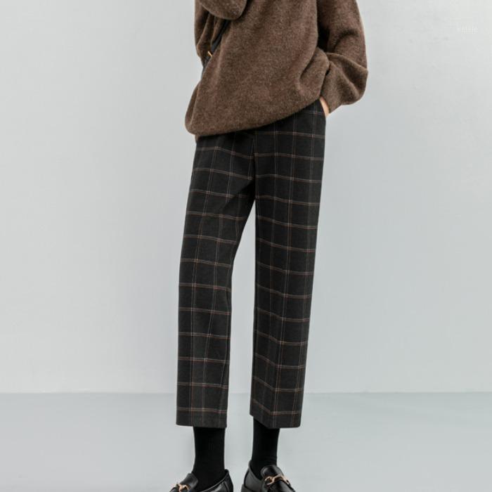 

Women's Pants & Capris 2021 Autumn Winter Women Plaid High Waist Wide Leg Pockets Warm Woolen Ankle-Length Trousers Vintage Harajuku, Black;white